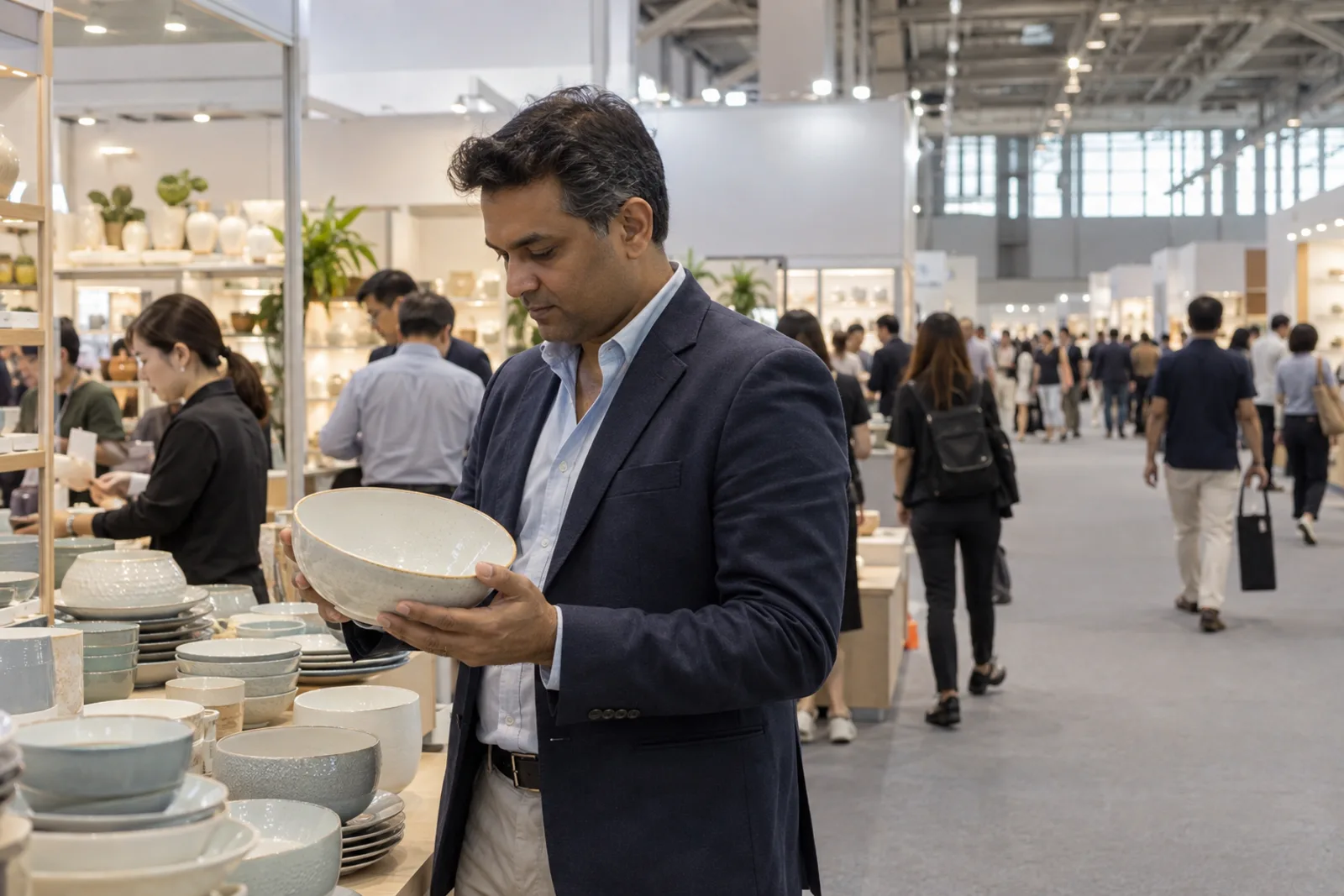 A buyer inspects a ceramic bowl at a trade fair booth