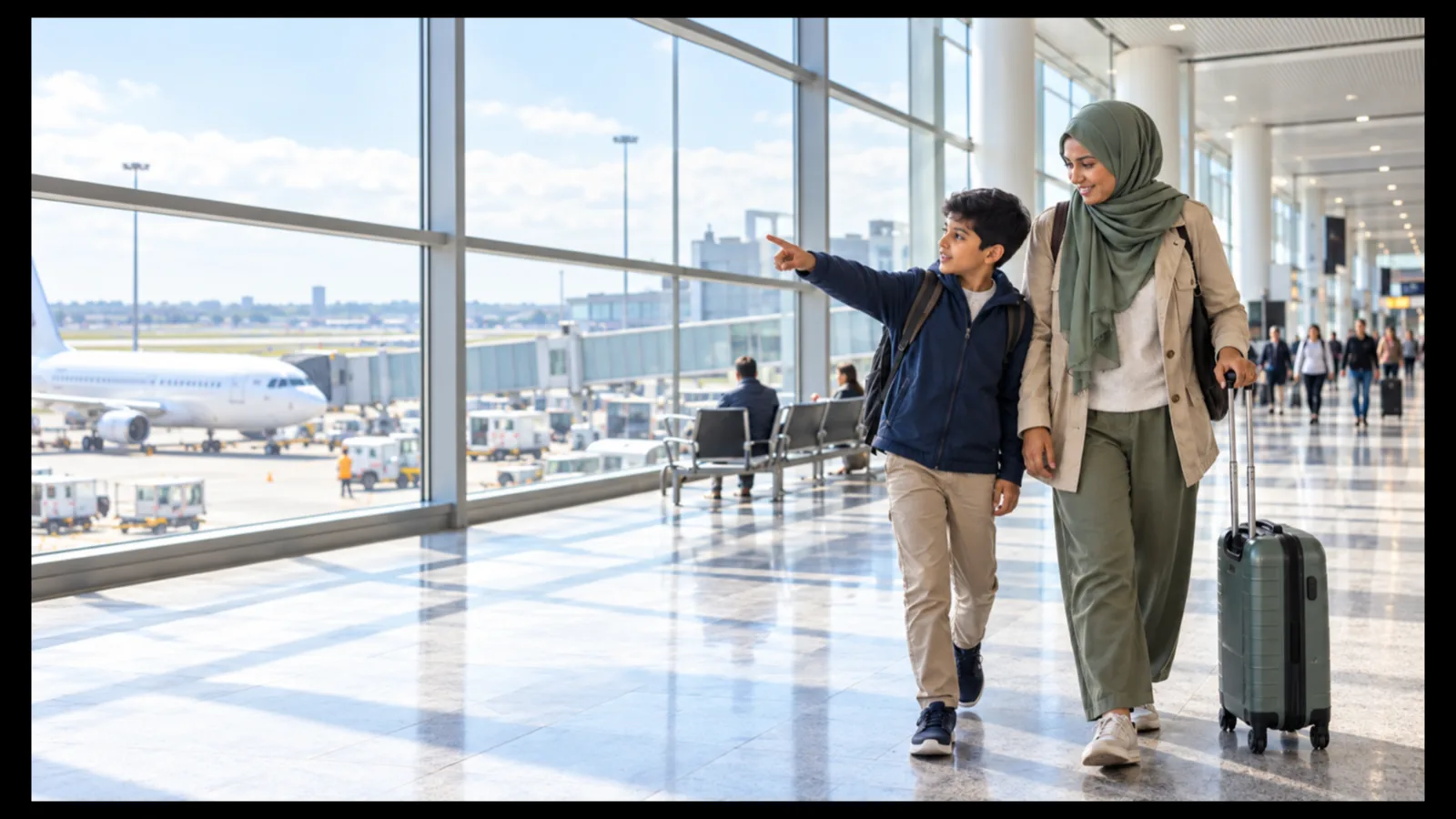 A boy pointing at the aircraft outside an airport terminal window while walking beside a woman pulling a cabin suitcase.