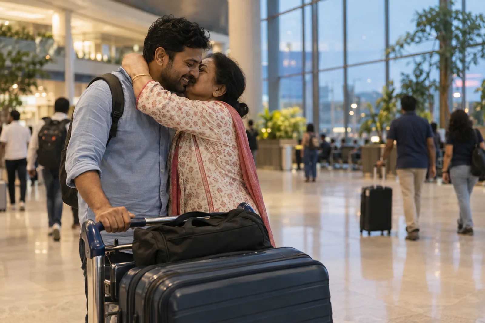 A son hugs his mother in an airport arrivals hall