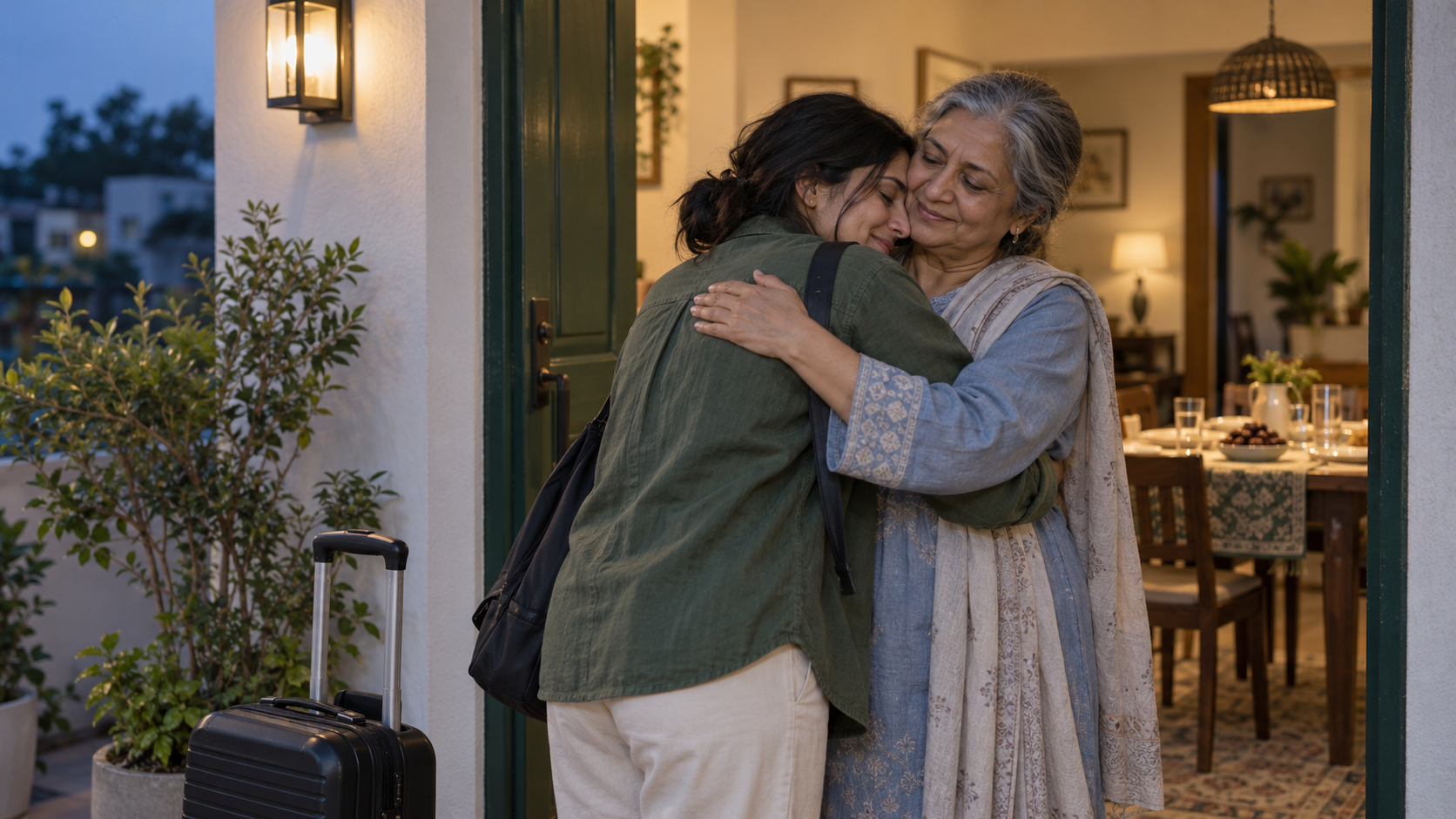 A woman embraces her mother after arriving home during Ramadan.