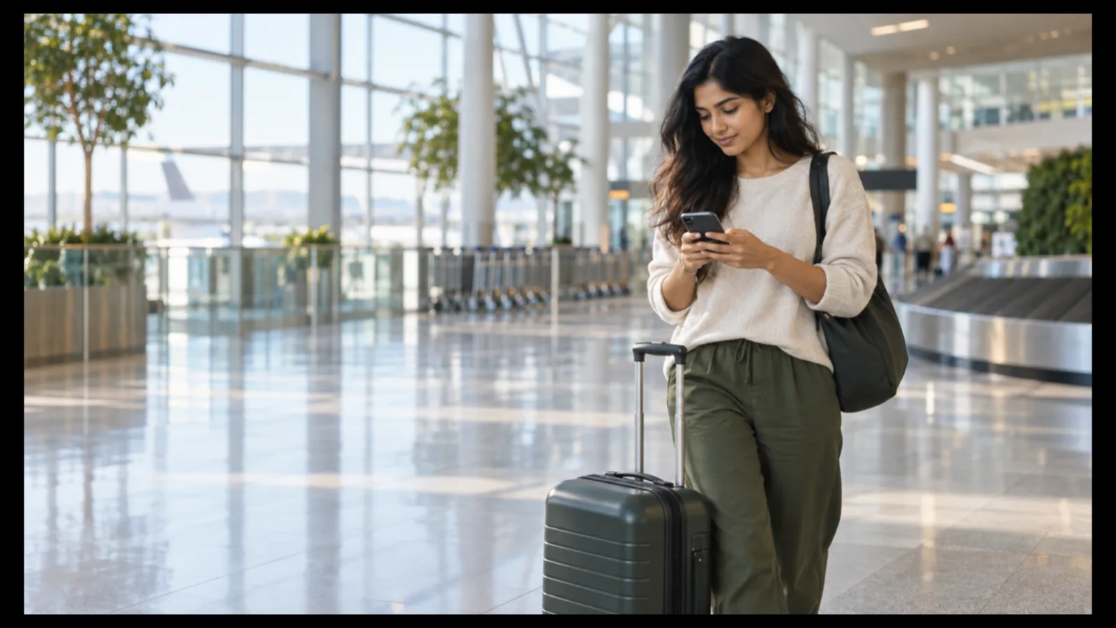 A woman checking her phone in an airport arrivals hall, pulling a cabin suitcase past the baggage carousel.